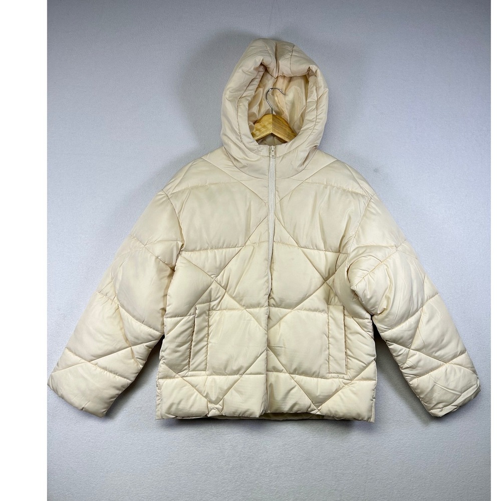 ASOS DESIGN Cream Diamond Quilt Puffer Jacket Hooded Full Zip‎ Petite Size 2